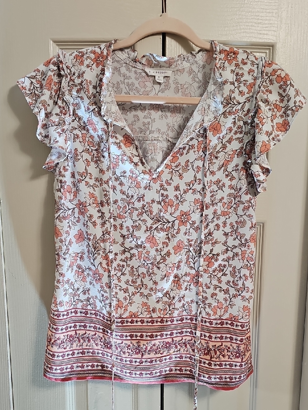 Blu Pepper Cream Floral Ruffle V-Neck Top with Coral Accents